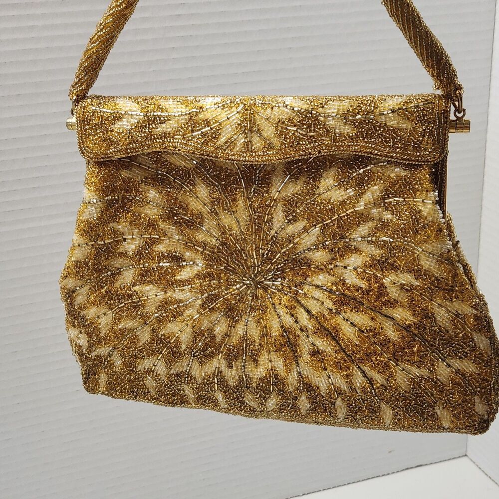 1960s Gold Beaded Sunburst Evening Bag Clutch Handcrafted Hong Kong Mid Century